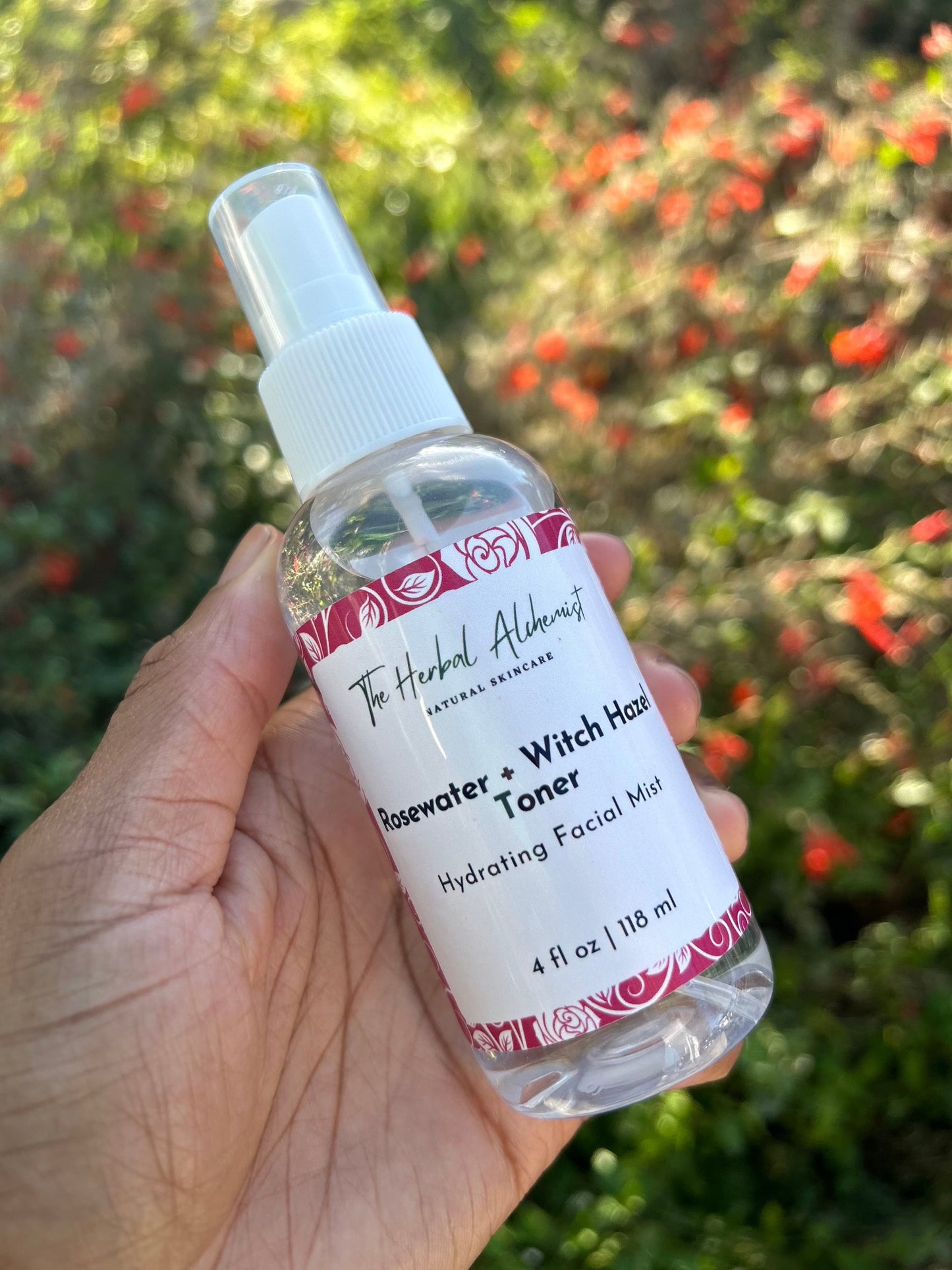 rosewater toner held in hand