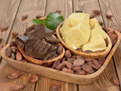 cocoa butter next to cocoa beans and chocolate