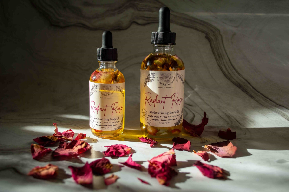This rose body oil is organic and made with rose absolute essential oil. Radiant Rose Body Oils skin care for the perfect body glow oil - The Herbal Alchemist